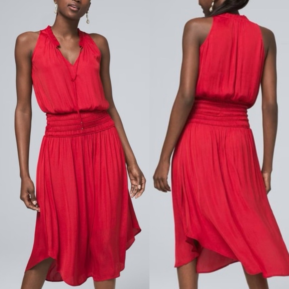 White House Black Market Red
Halter Sleeveless V-Neck Midi Dress